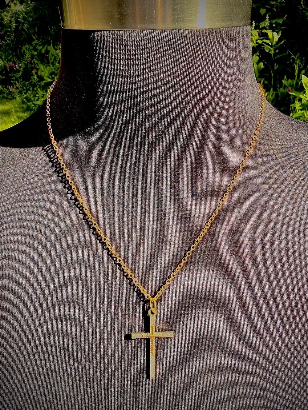 Handmade Gold Crystal Cross Necklace - Sparkling Double Cross Pendant & Chain - Picture 5 of 7